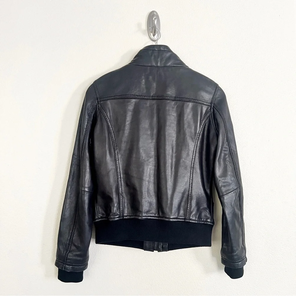 MICHAEL MICHAEL KORS Genuine Leather Knit Trim Bomber Jacket in Black